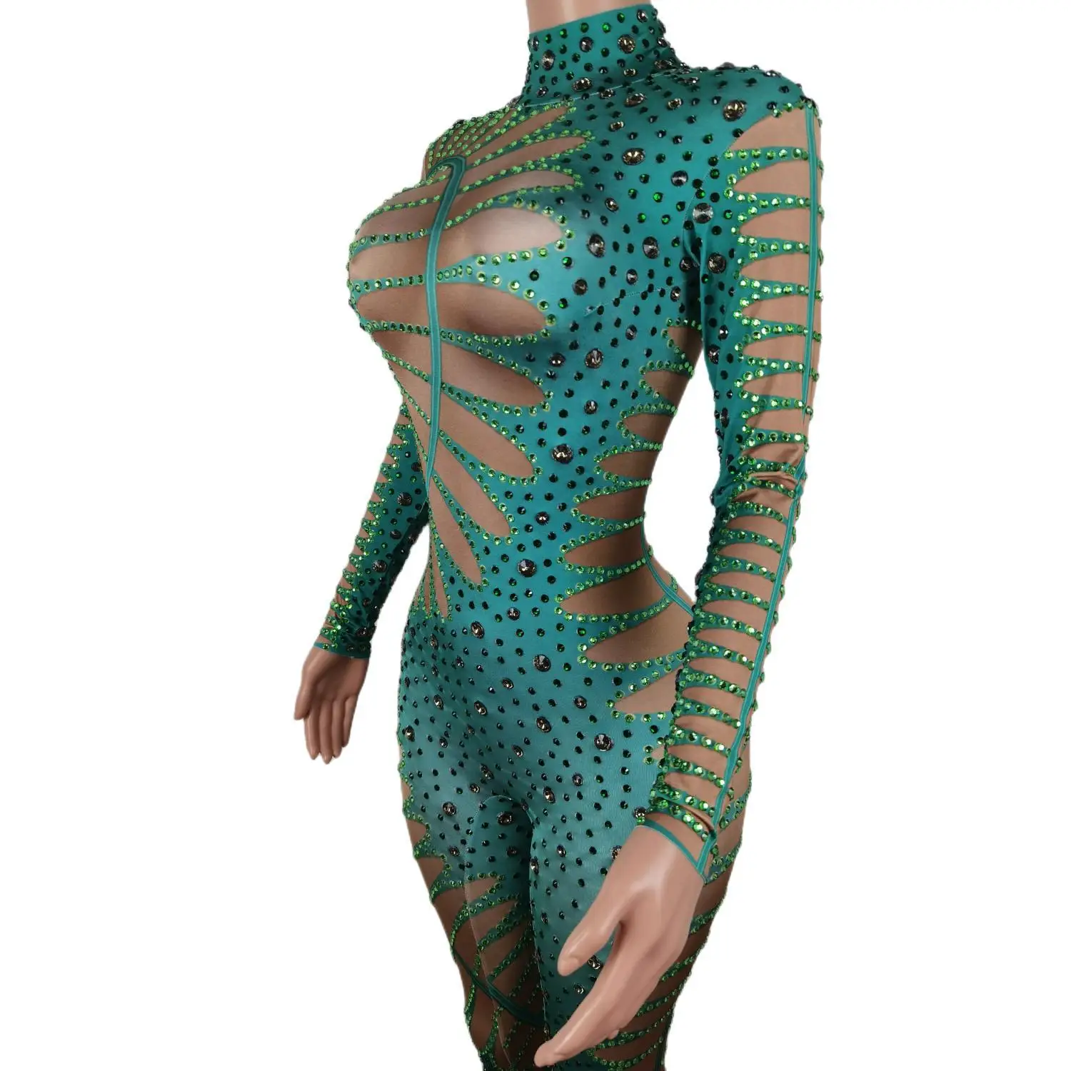 Woman Green Rhinestones Jumpsuit Nightclub Dancer Prom Performance Celebrate Outfit Evening Birthday Party Dresses Lvyecao