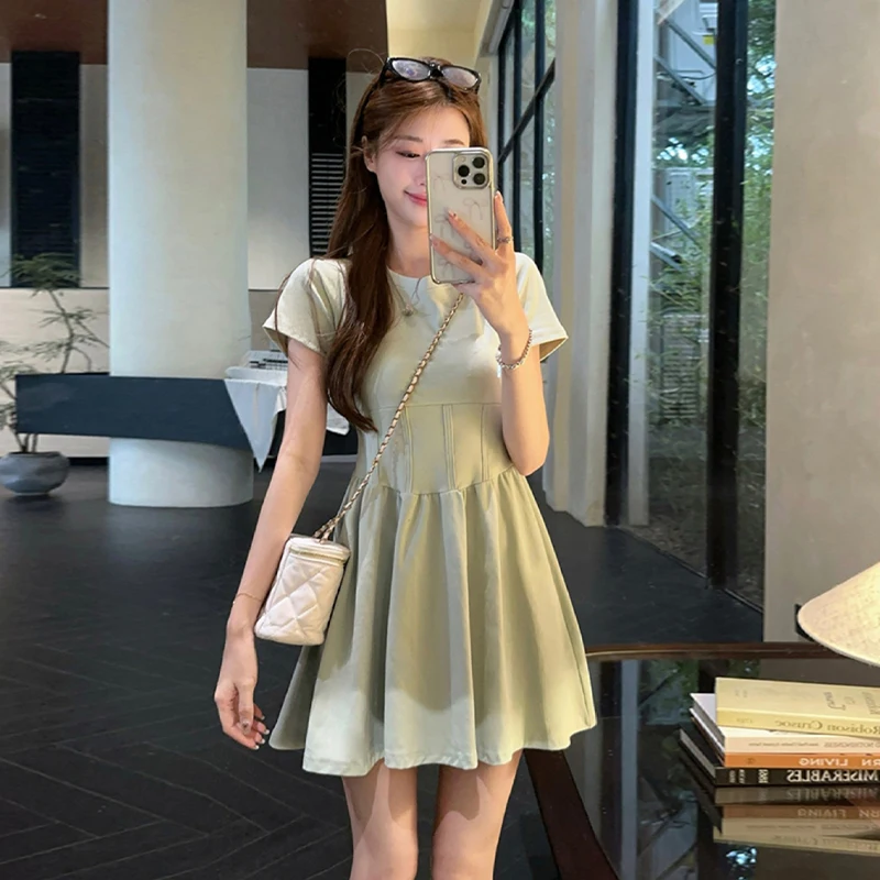 Women Short Sleeve Solid Color A-line Summer Basic Casual Daily Mini Dress