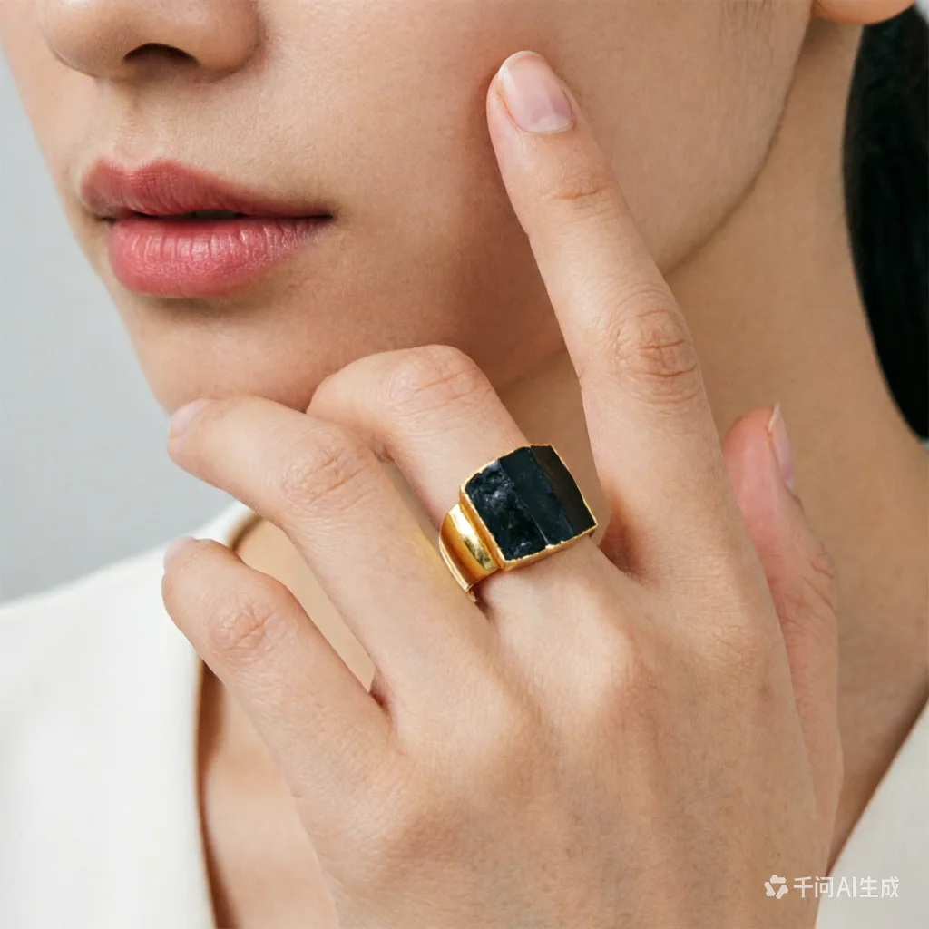 WT-R422 Women Beautiful Energy Black Tourmaline stone Ring 18k Real gold plated natural stone wide birthday gift Ring