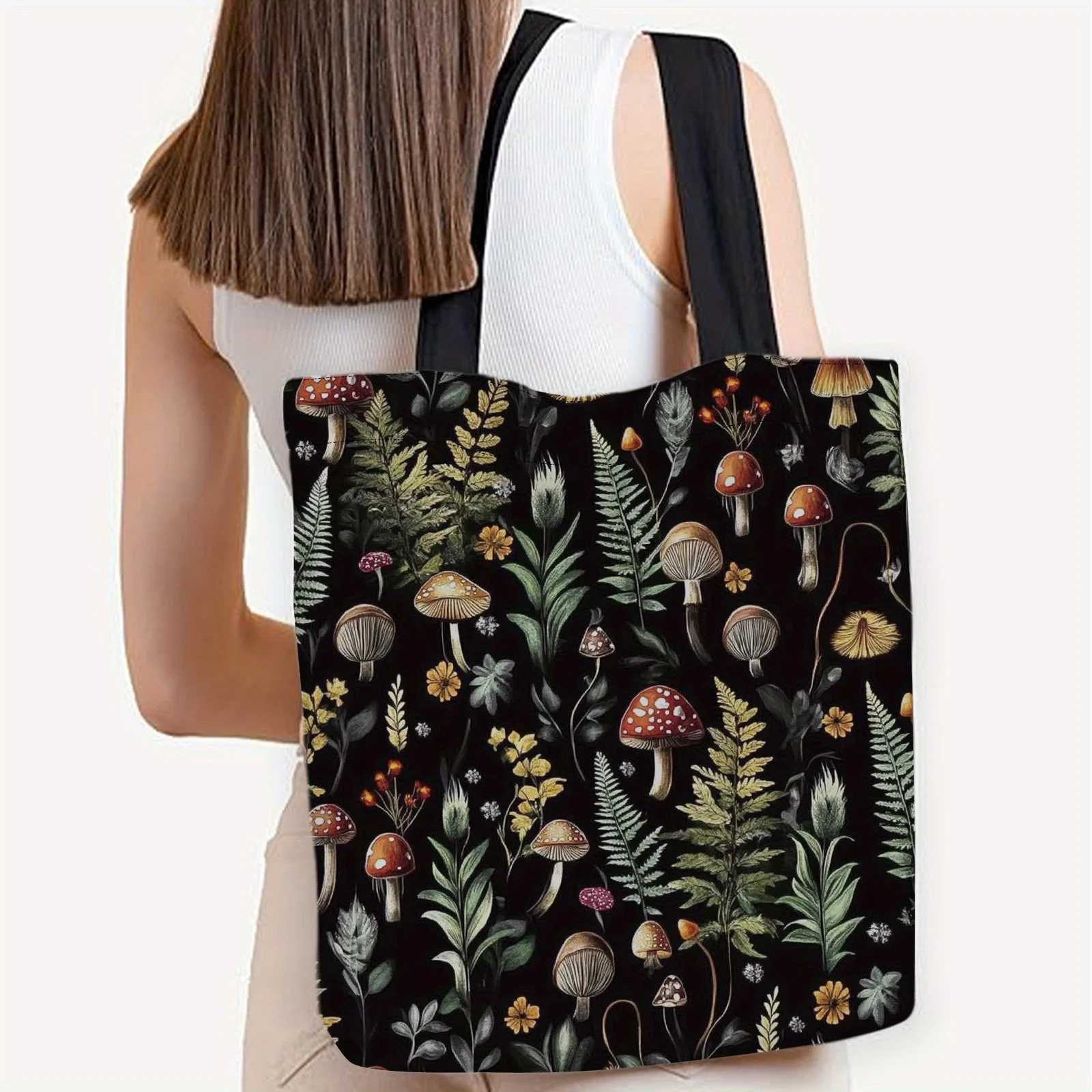Bolso de mano Enchanted Forest Mushroom & Fern de poliéster de alta calidad con diseño botánico oscuro con setas y follaje, para bolsa de la compra