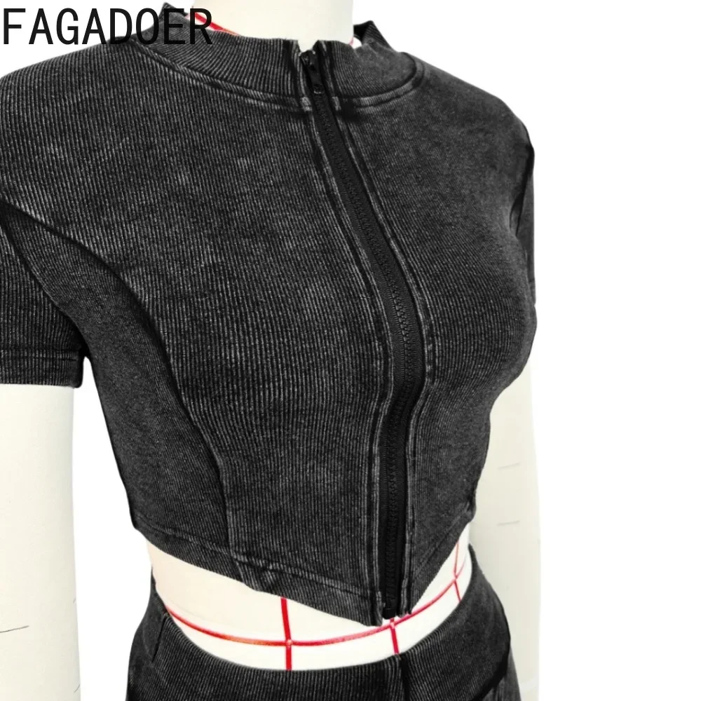 FAGADOER Quality Rib Bodycon 2 Piece Sets Outfit Women Short Sleeve Zip Crop Top and Flare Pants Suits Sport Streetswear Autumn