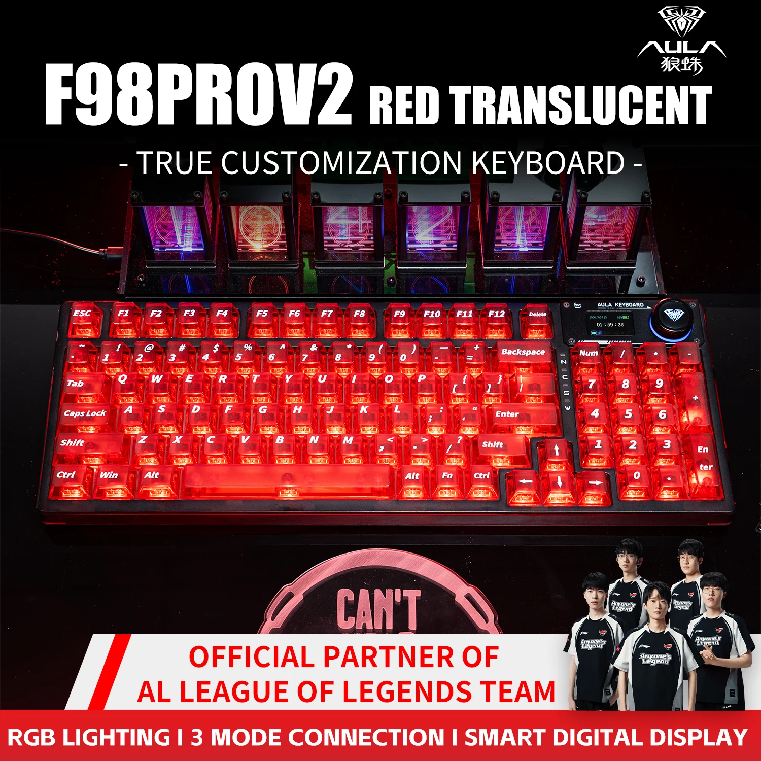 لوحة مفاتيح ميكانيكية AULA F98 ProV2 لوحة مفاتيح ألعاب بلوتوث لاسلكية شفافة بإضاءة خلفية RGB