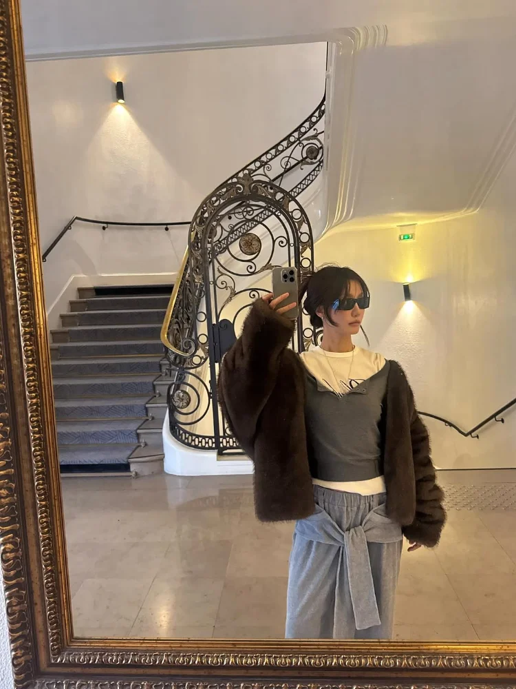 الكلاسيكية الصلبة سستة فو الفراء معطف المرأة أزياء جولة الرقبة كم كامل فضفاضة سترة قصيرة سيدة الشتاء تخفيف الشارع ملابس خارجية #2