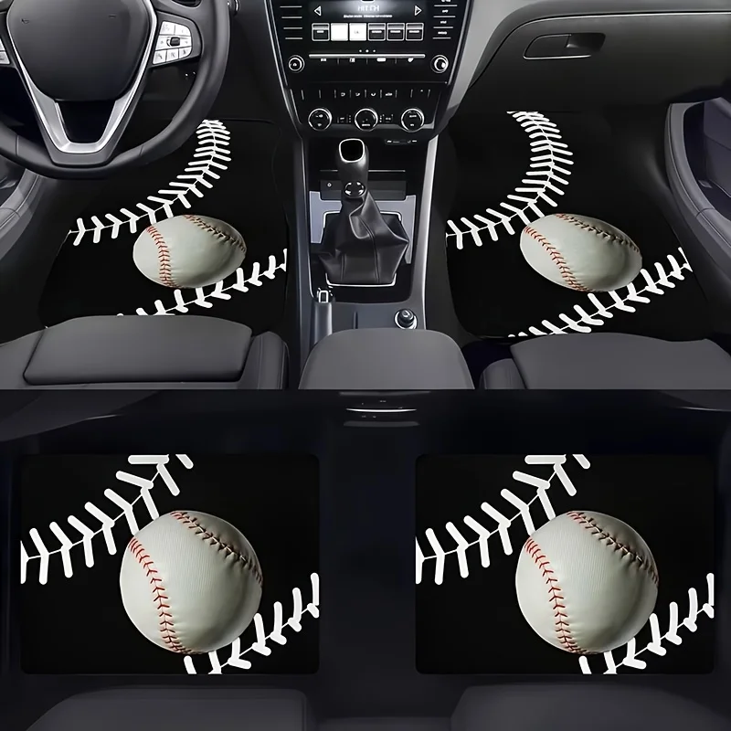 Set Of 4 Baseball-Themed Car Floor Mats, Crafted From Polyester, Featuring A Lively Floating Design, Ideal For Enhancing Your Ve