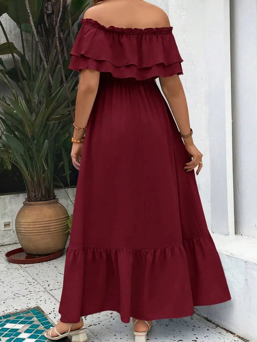 

Off Shoulder Ruffle Solid Color Maxi Dress For Vacation