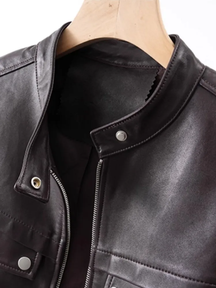 高品質天然シープスキン女性ショートコートスタンドカラー春秋の新ストリートパンクオートバイ本革ジャケット