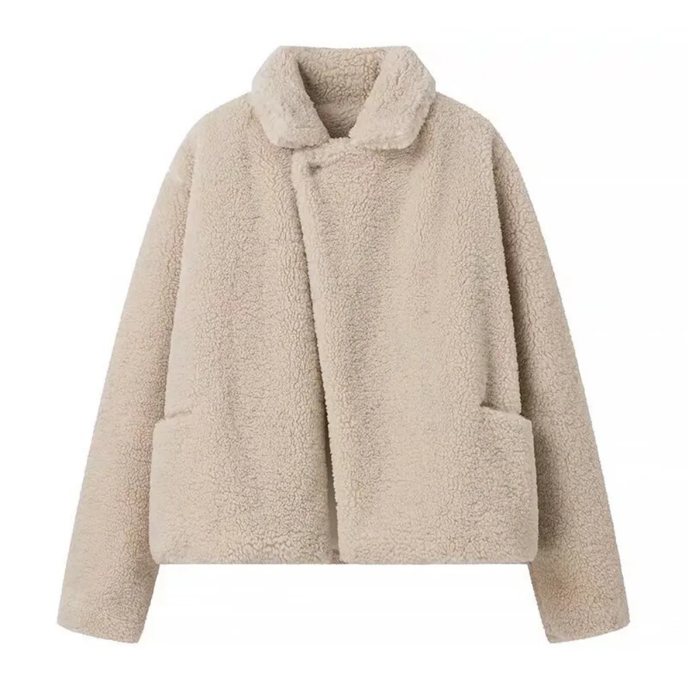 Warm Lambswool Furry Coat Women Turndown Collar Long Sleeve Loose Pockets Female Jacket 2024 Autumn Winter Fashion Lady Overcoat