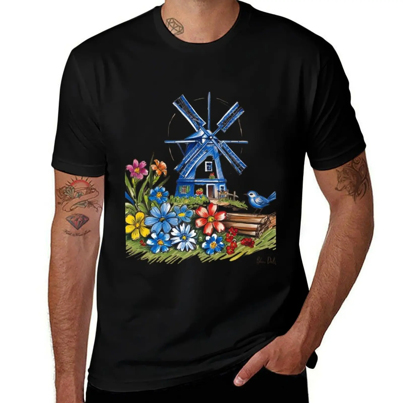 

Chinoiserie blue and white vintage Dutch windmill pattern T-Shirt T-shirts man man clothes anime shirts men