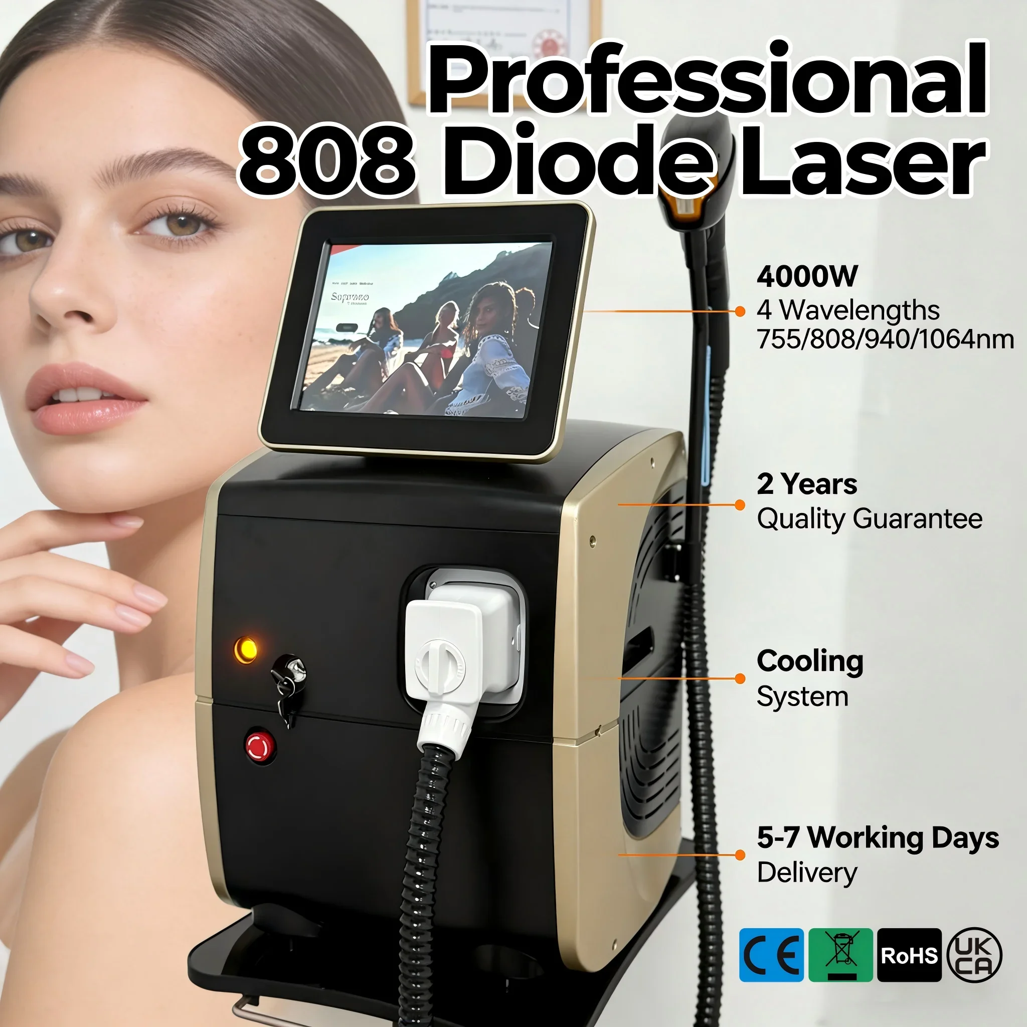 

808nm Diode Laser Hair Removal Machine 4 Waves Cooling Head Painless Laser Epilator Face Body Hair Removal Factory Price