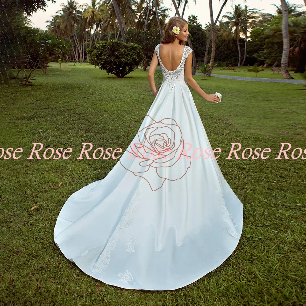 Furtanseo 2023 vestido de casamento com decote em v vestido de baile de cetim com bolso applique rendas vestidos de noiva de novia personalizado