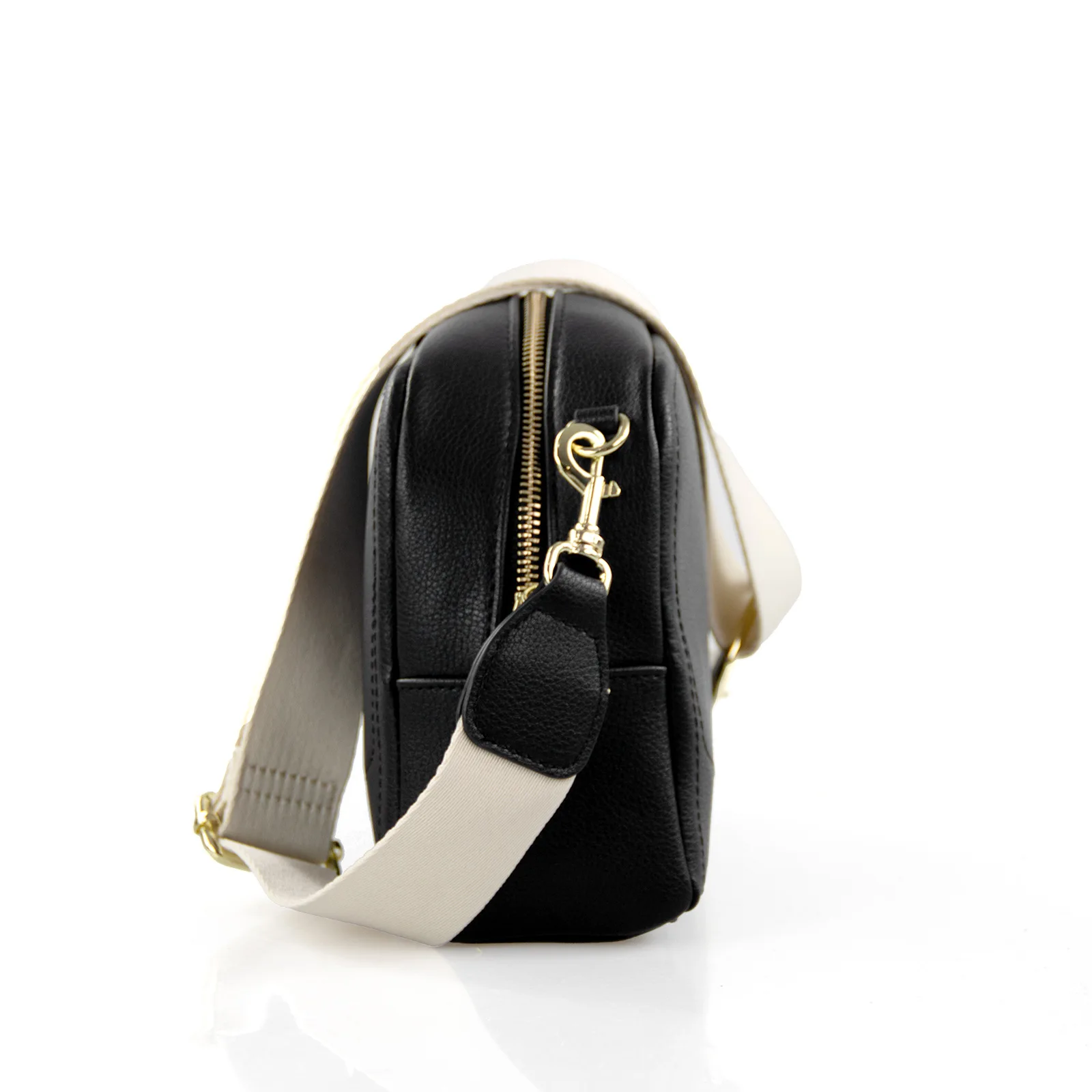 CH Women's Crossbody Bag PU Leather White Stitching Wide Shoulder Strap Gold Hardware Daily Use Camera Bag