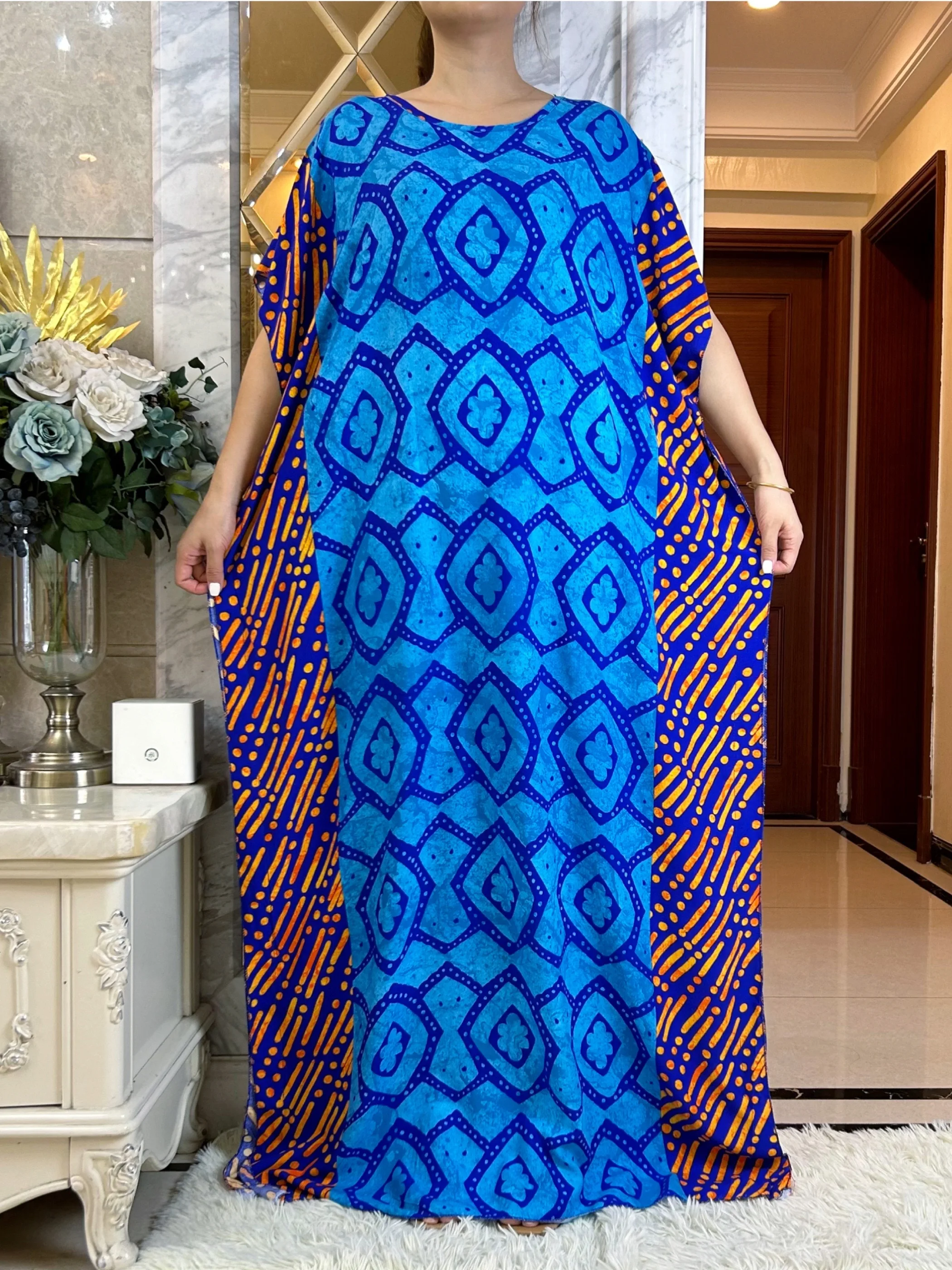 Summer Party  Dubai Short Sleeve African Women Dresses  With Big Scarf  Printing  Cotton Elegant Summer Maxi Casual Loose Abaya