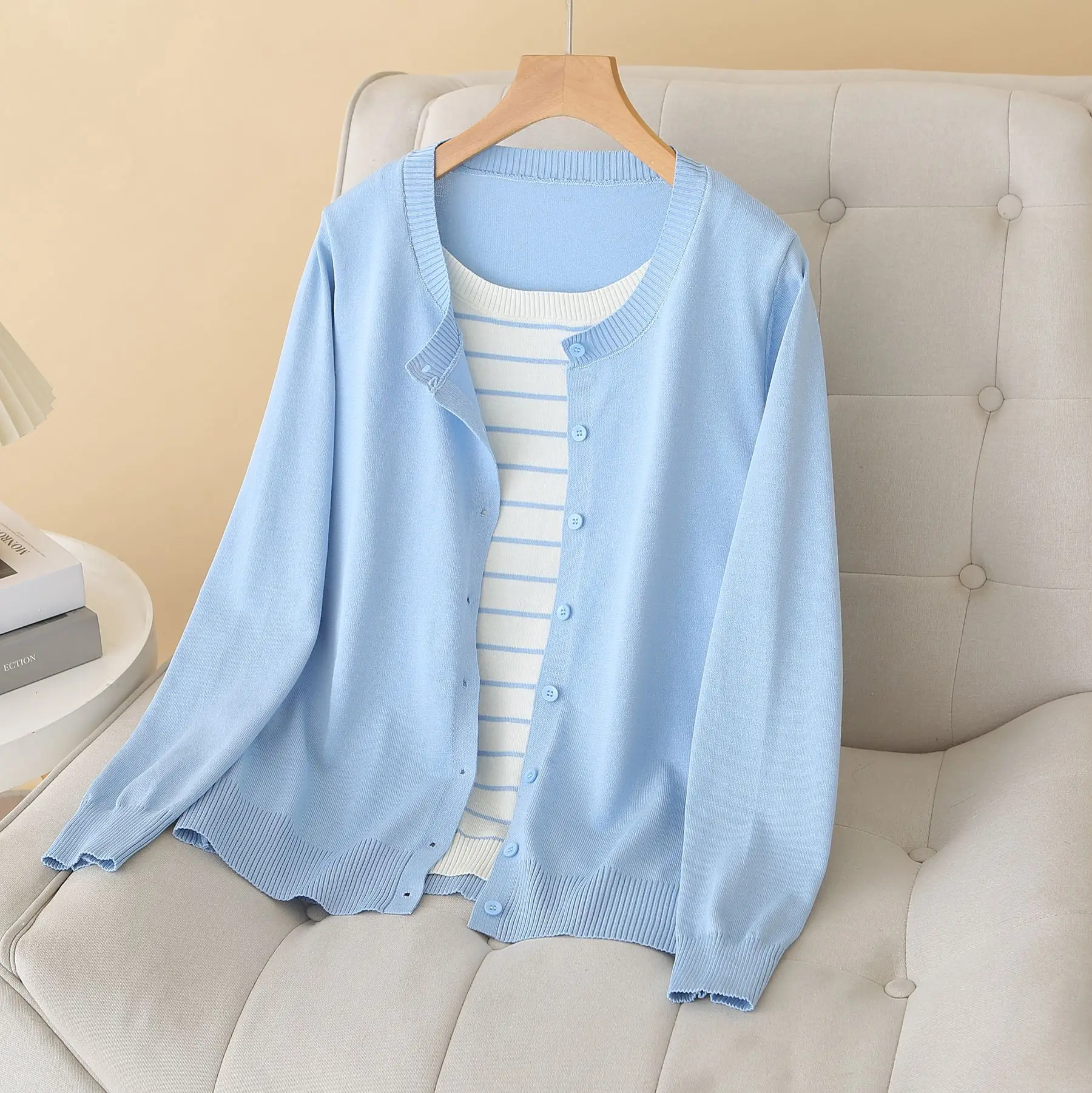 

Весенний свитер больших размеров с круглым вырезом и длинными рукавами, простой повседневный вязаный джемпер в литературном стиле, имитация двухслойности # 550