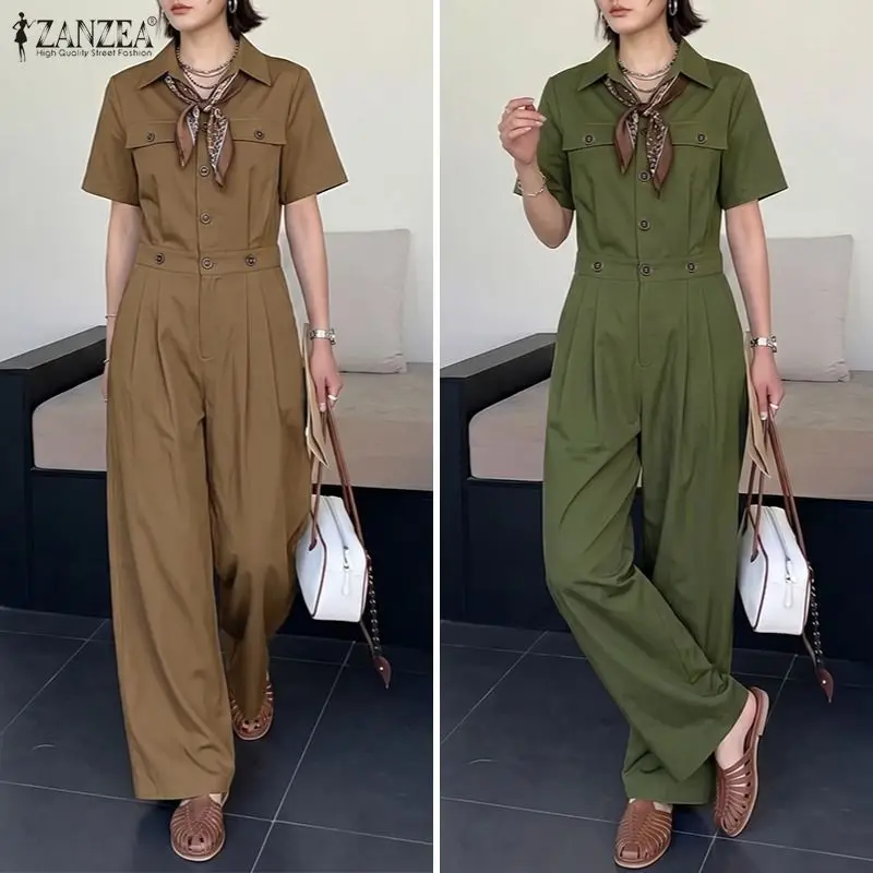 ZANZEA Modische Damen-Jumpsuits Sommer Reverskragen Kurzarm-Playsuit Streetwear Weite Hosen Damen OL Arbeits-Overalls Rompers