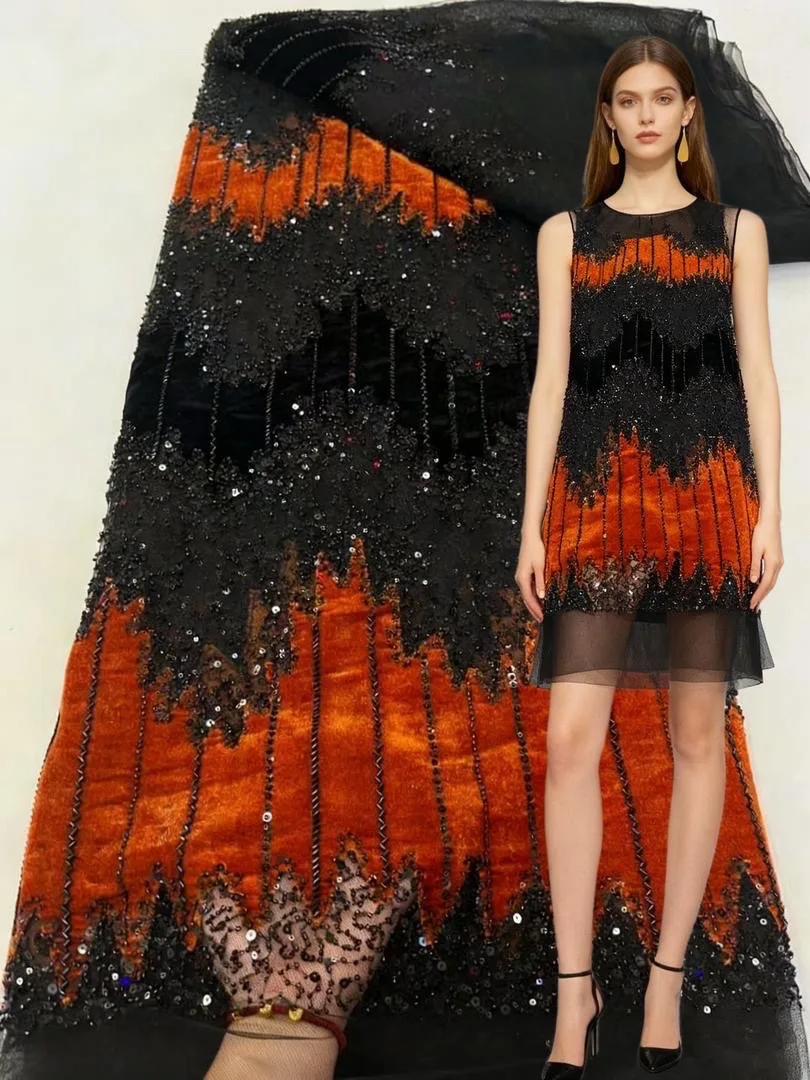 

African 2025 5 Yards Beaded Embroidered French Velvet Tulle Lace Fabric with Mesh Sequins Nigerian Wedding Party Sewing Material