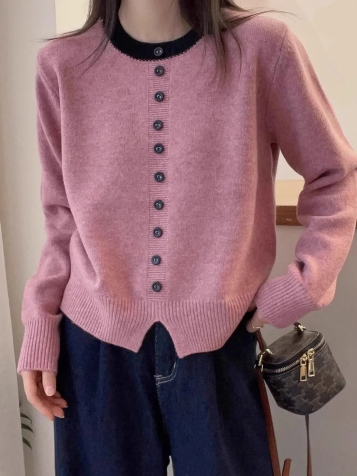 

Winter Knitted Long Sve round Ne Base irt Single Button Sweater Overhead Top Color Blo Design Casual Commute Sle