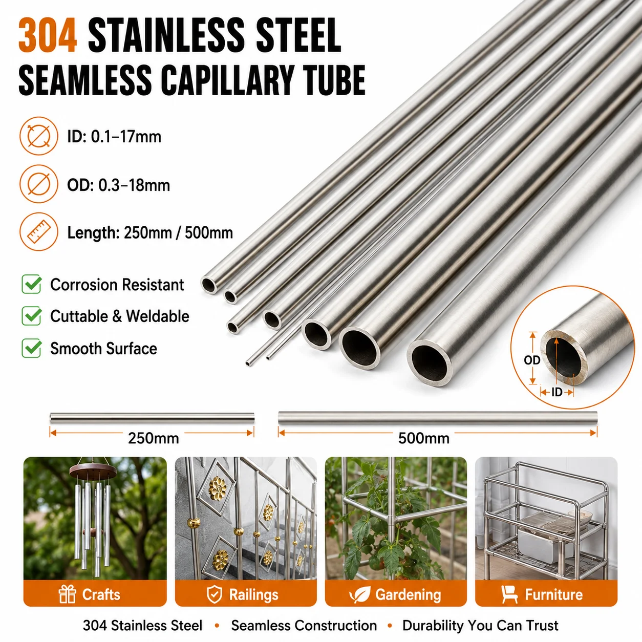 304 Stainless Steel Seamless Capillary Tube Precision Straight Round Pipe 250mm 500mm Length ID 0.1-17mm OD 0.3-18mm 1-10Pcs