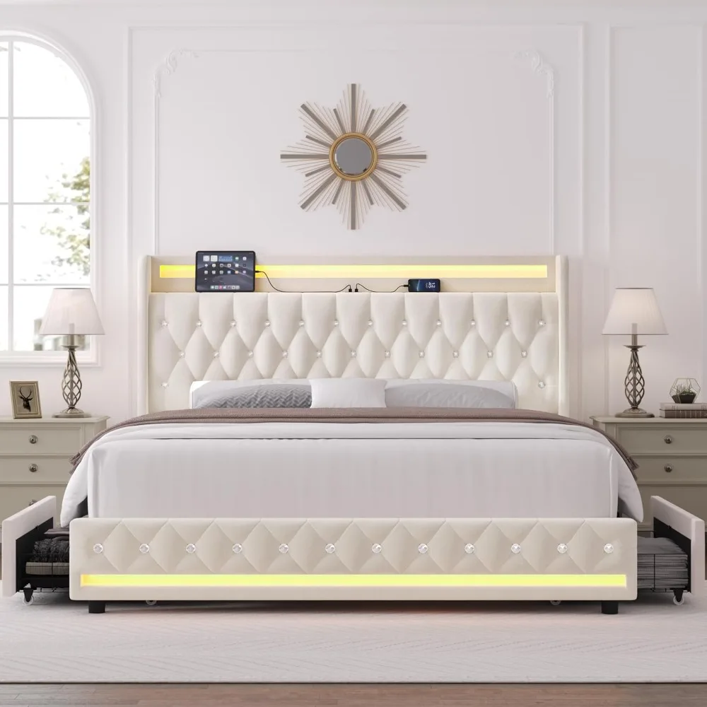 LED Bed Frame with Charging Station and 4 Storage Drawers, Velvet Upholstered Platform Bed with Handcrafted Crystal Button