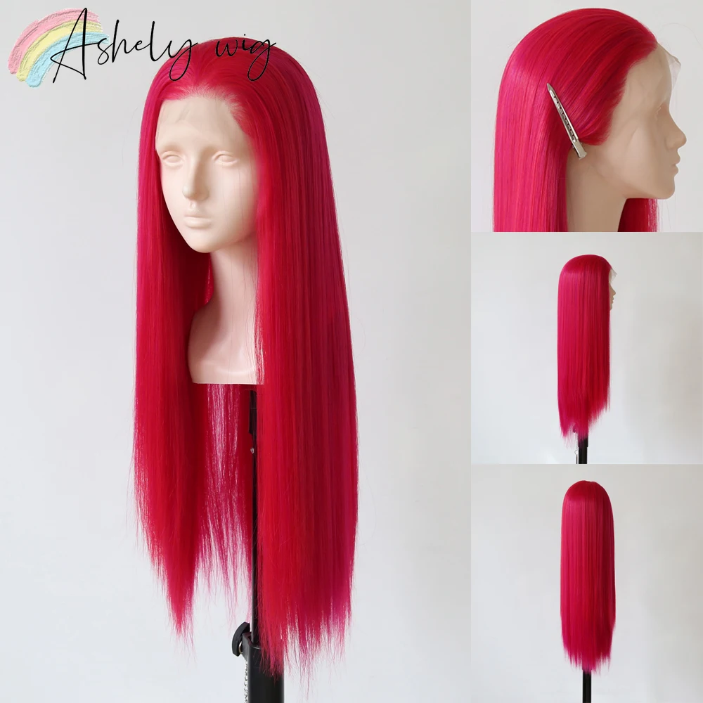 

Hot Red Wig Synthetic Lace Front Wigs Deep Pink Biki Cosplay Wigs High-temperature Fiber Straight Lace Front Wig Peluca Cosplay