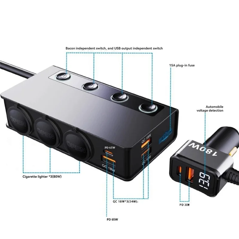 -A25M 180W شاحن سيارة واحد لثلاثة QC3.0 شاحن سيارة سريع الشحن من خلال التيار