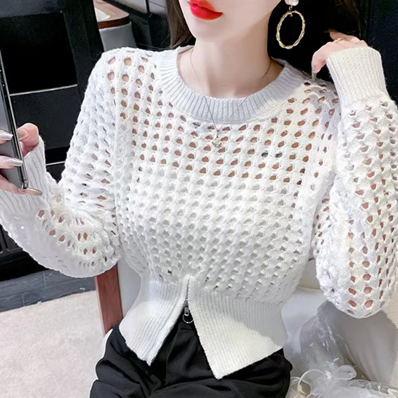 

Сексуальный полый вязаный пуловер, свитер, женский кардиган, солнцезащитное пальто, модный однотонный свитер с длинными рукавами, осень-зима, черный