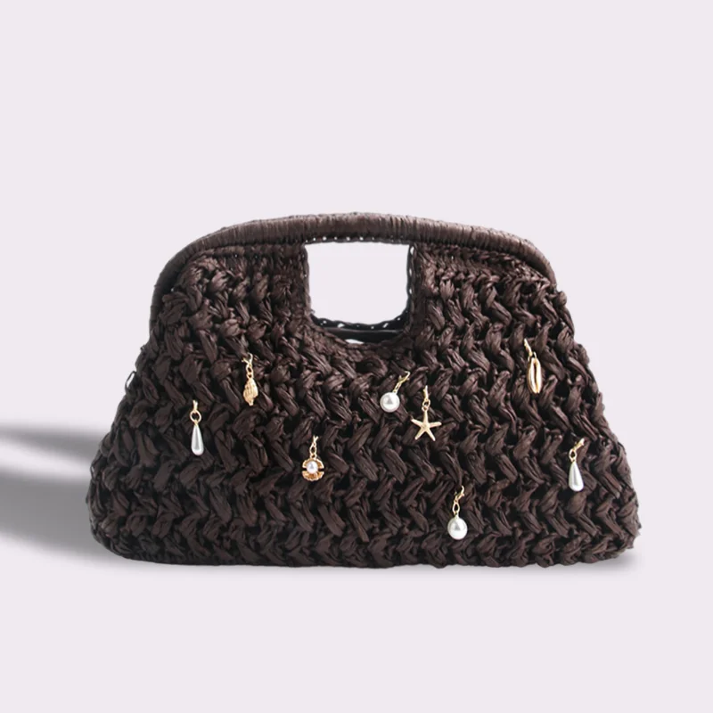 Fashion Brand Straw Clip Clutch Bag, High-end Hand-woven Tote, Summer Hollow Out Hand-held Straw Woven Bag Holiday Travel Purse