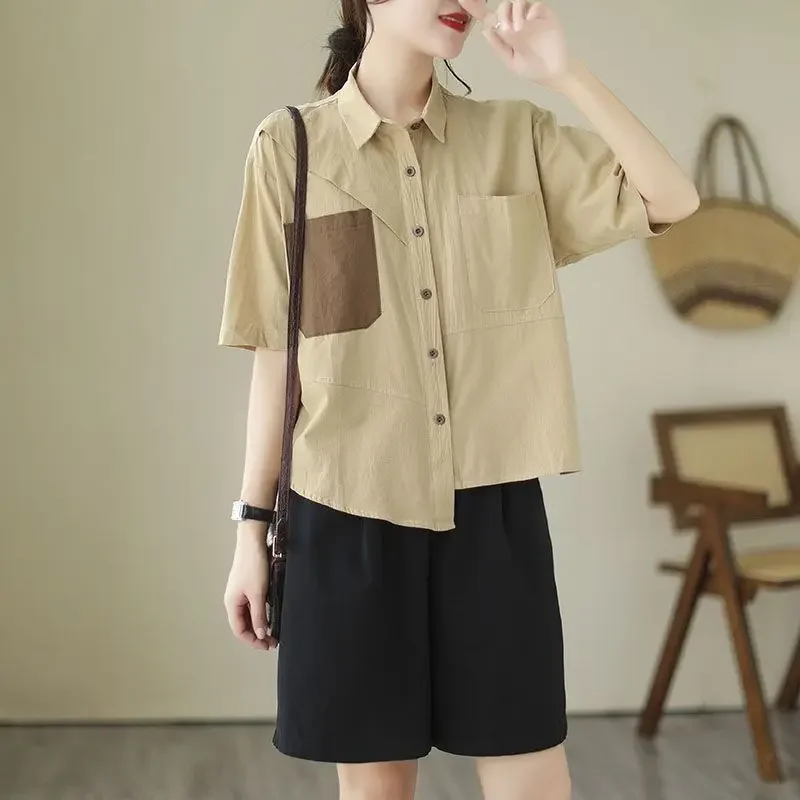 

Cotton Shirt for Women in Summer New Korean Style Loose Large Size Slim Casual Short-sleeved Women's High-end Shirt Top