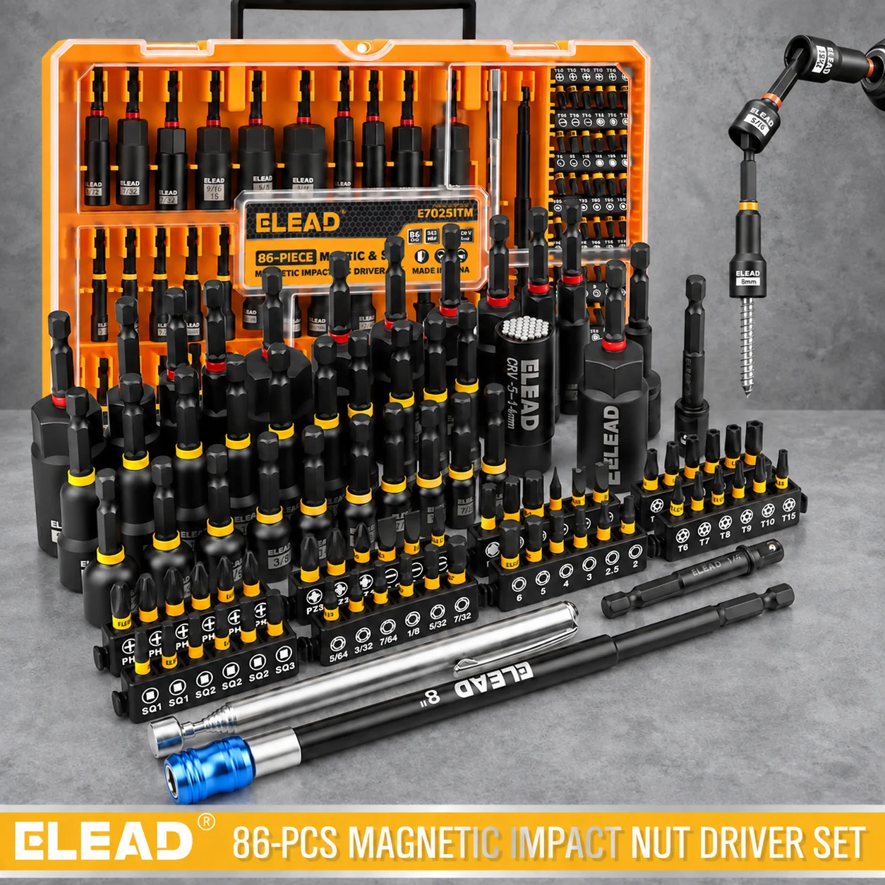 ELEAD 86Pcs Magnetic Impact Nut Driver Bit Set, S2 CR-V Steel Universal Socket for Auto Repair DIY