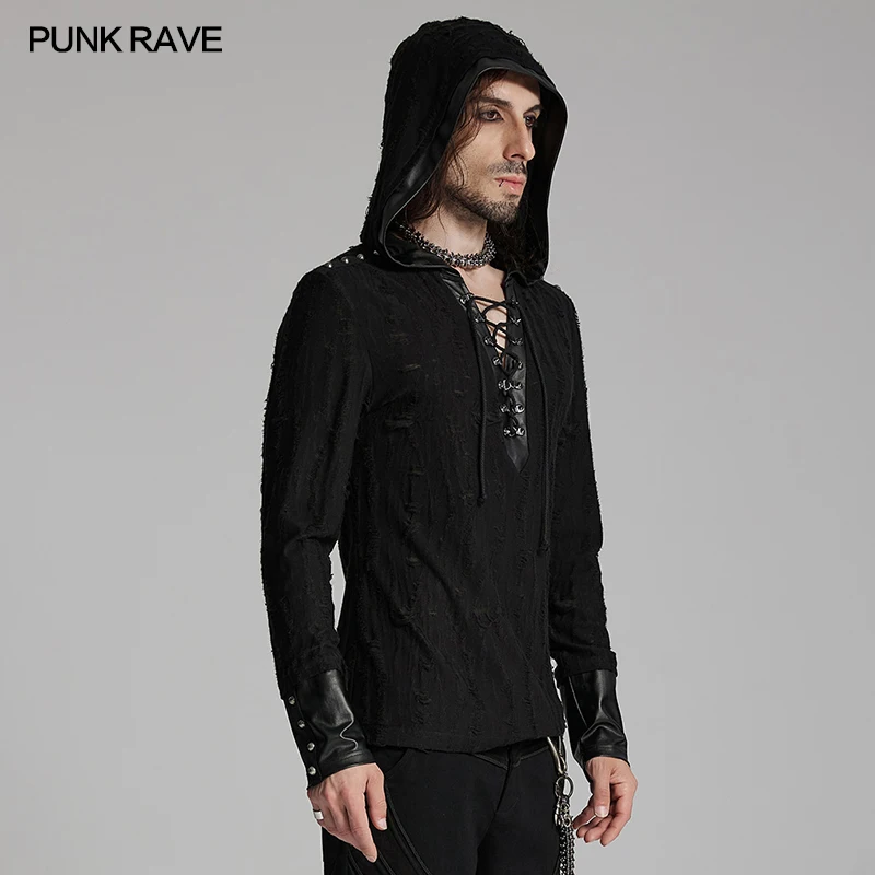 PUNK RAVE Men's Dark Punk Handsome Hooded Style T-shirt V-shaped Collar Drawstring Design Black Tees Tops Men Clothing