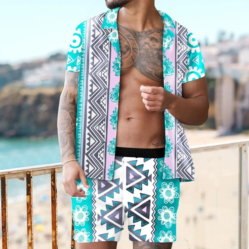 Men's Shirt Set Summer Striped Printed Short Sleeve Shirt Drawstring Shorts Casual Hawaiian Style Men's 2 Piece Home Large Size