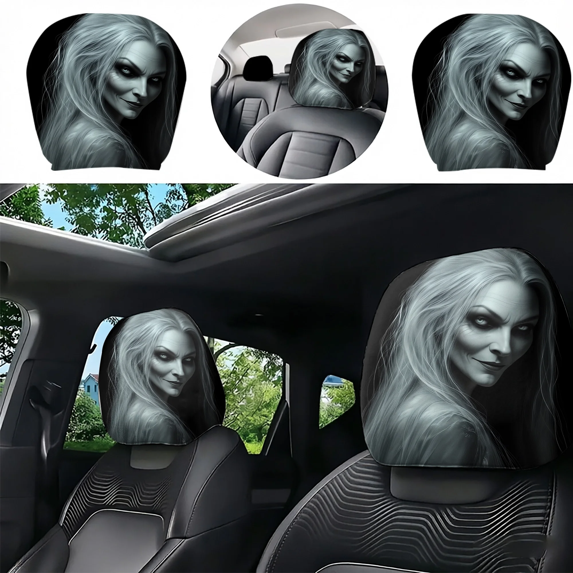 2pcs Gothic-style women’s portrait car headrest covers to add a touch of mystery to your car’s interior. Does not include fillin