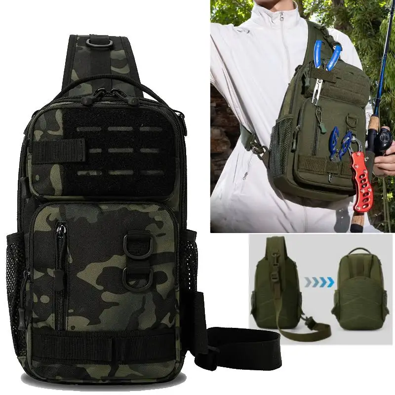 Tactical Fishing Chest Bag Molle Sports Sling Backpack with Rod Case Outdoor Hiking Running Waist Bags Large Hunting Rig Pouch