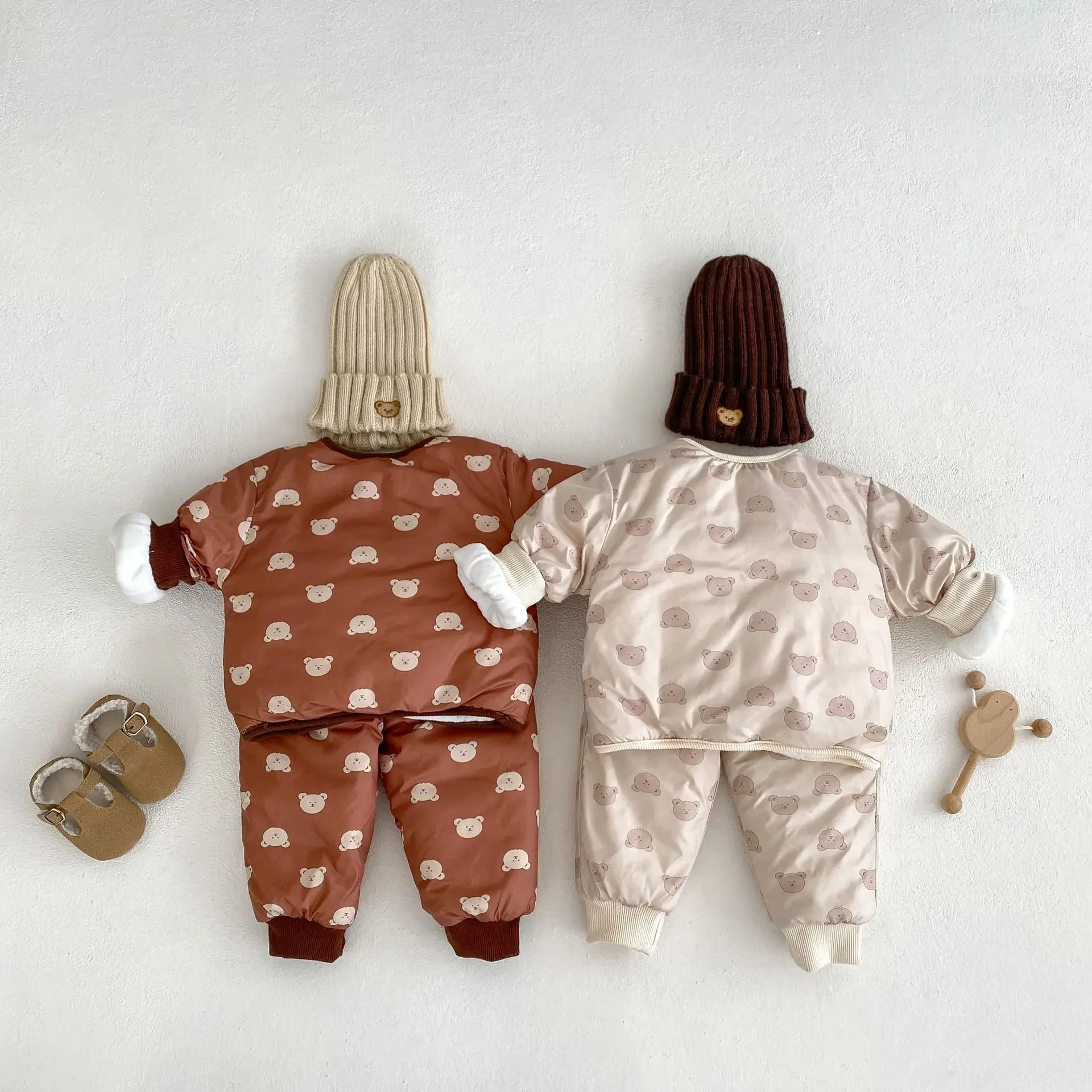 Winter Fashion New Trend Boys and Girls Baby Cotton Coat Extra Thick Little Bear Printed Cotton Coat+Cartoon Pants 2 Piece Set