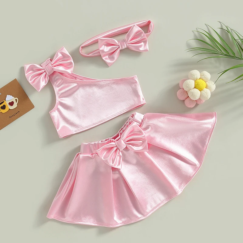 

Kids Girls Skirt Set Bowknot One-shoulder Vest with A-line Skirt and Hairband Summer Outfit for Party