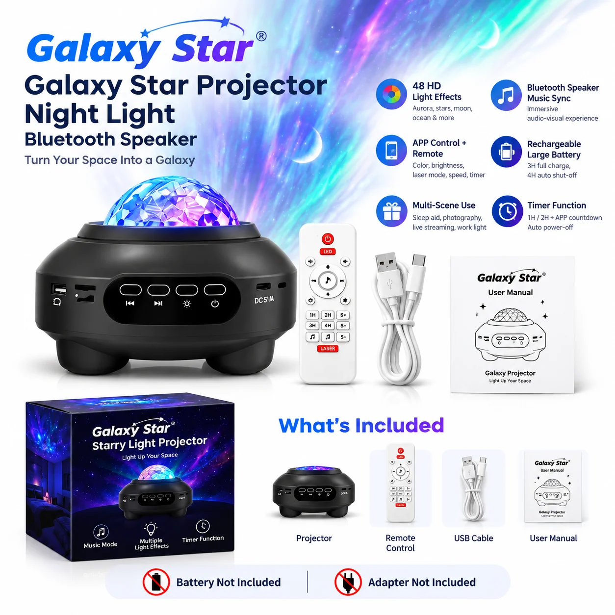 Aurora Star Projector Night Light Bluetooth Speaker Galaxy Lamp 48 HD Effects APP Remote Control Music Sync Kids Bedroom Gift
