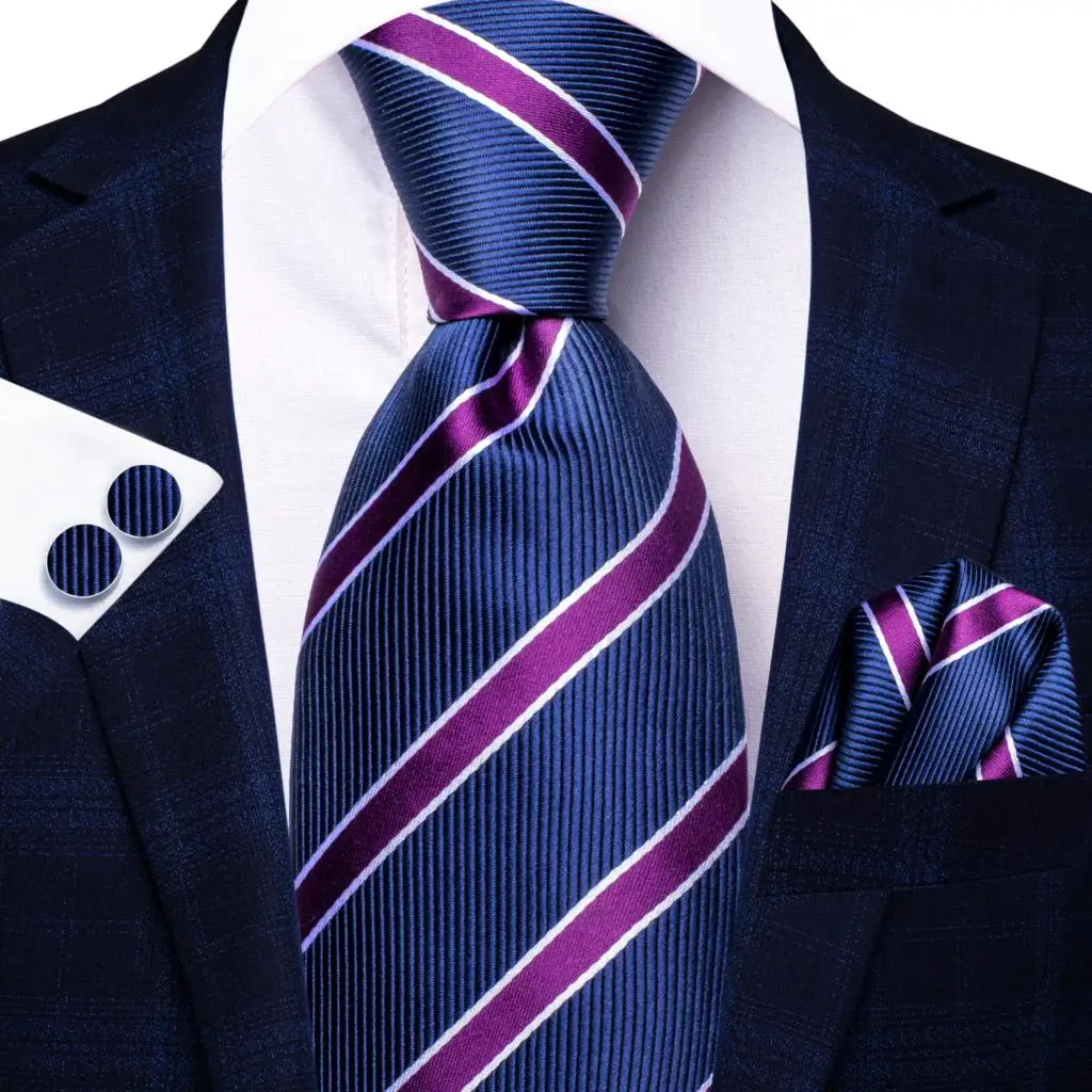 Cravates rayées pour hommes, boutons de manchette pratiques, bleu marine, violet, ensemble cravate d