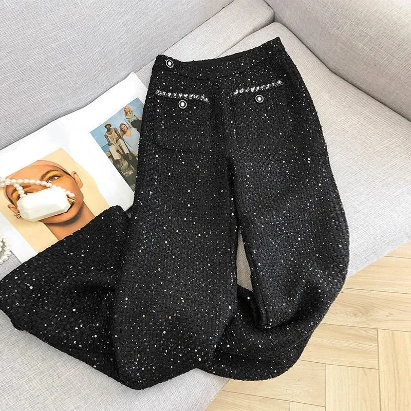 

Temperament High Waist Slim Straight Wide Leg Pants Pantalones Mujer Black Tweed Cargo Sweatpants Z383