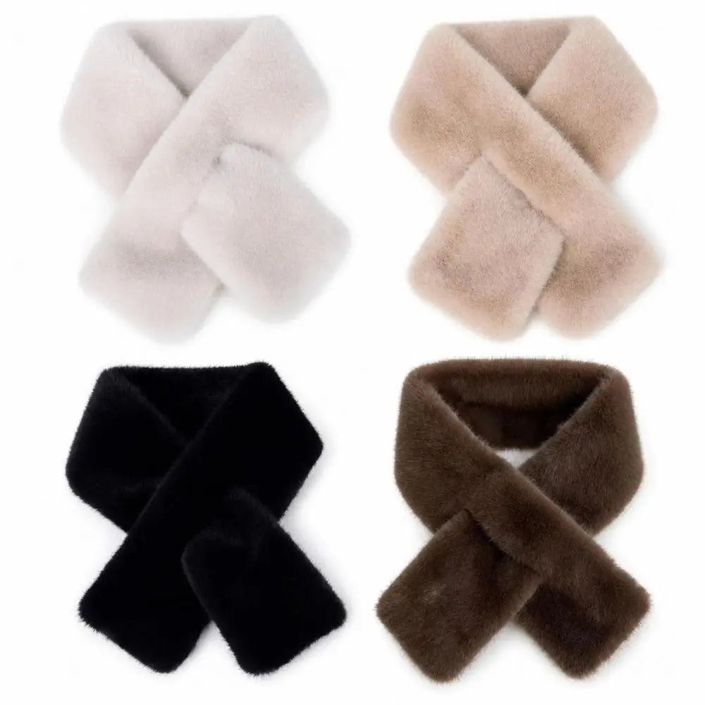 Winter Warm Faux Mink Fur Cross Scarf Solid Color Thickened Neckerchief Wrap Soft Neck Warmer Collar Scarf Autumn Winter