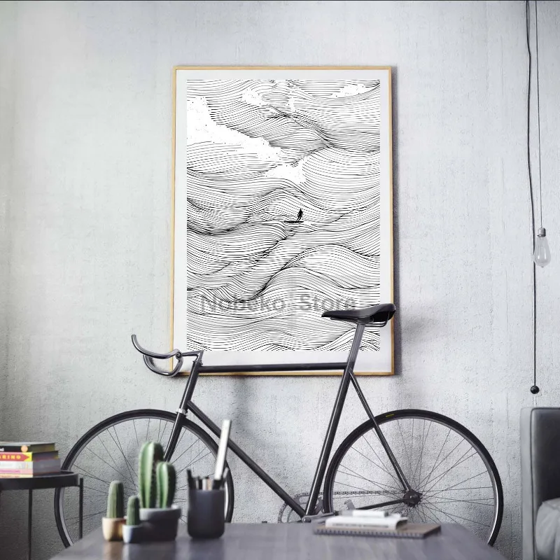 Black and White Waves Line Minimalism Surfing Poster Manta Ray Whale Orca Prints Canvas Wall Art Pictures Home Room Modern Decor
