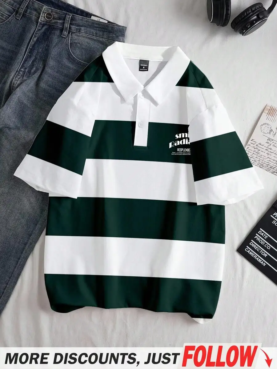 

Men's Casual Contrast Stripe Button-Up Polo Shirt in Green and White
