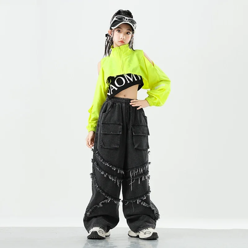 Hip Hop Mädchen Ernte Grüne Jacke Street Dance Cargo Denim Hosen Kind Military Streetwear Jogger Kinder Jazz Kleidung Sets