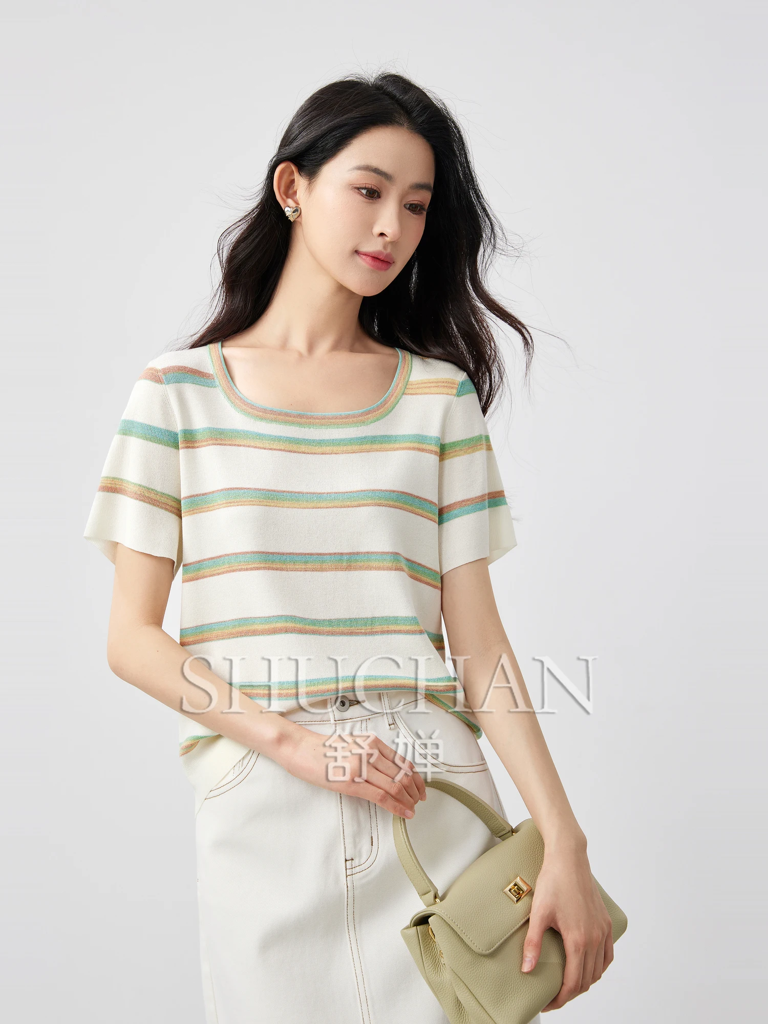 

Gorgeous Summer Rainbow Gradual Change Contrasting Stripes, Temperament Square Crew Neck Knitt Pullover T-shirt Women