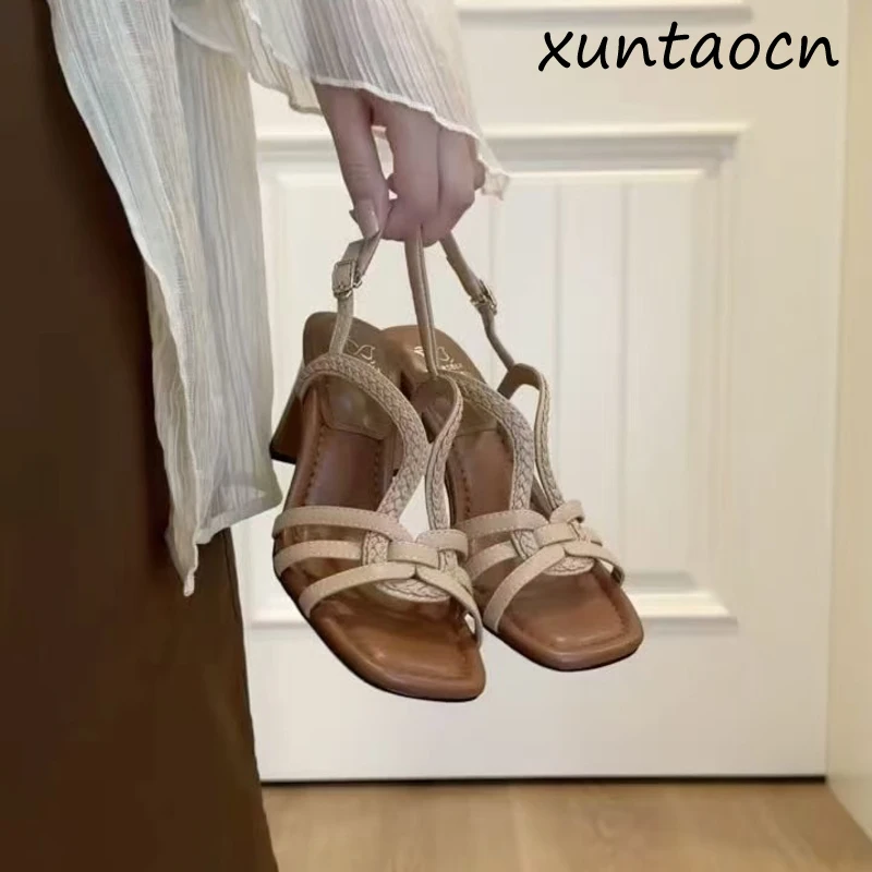 

Design Sense Niche Woven Hollow Out Wear Roman Sandals Women French Retro Fashion Open Toe High Heels
