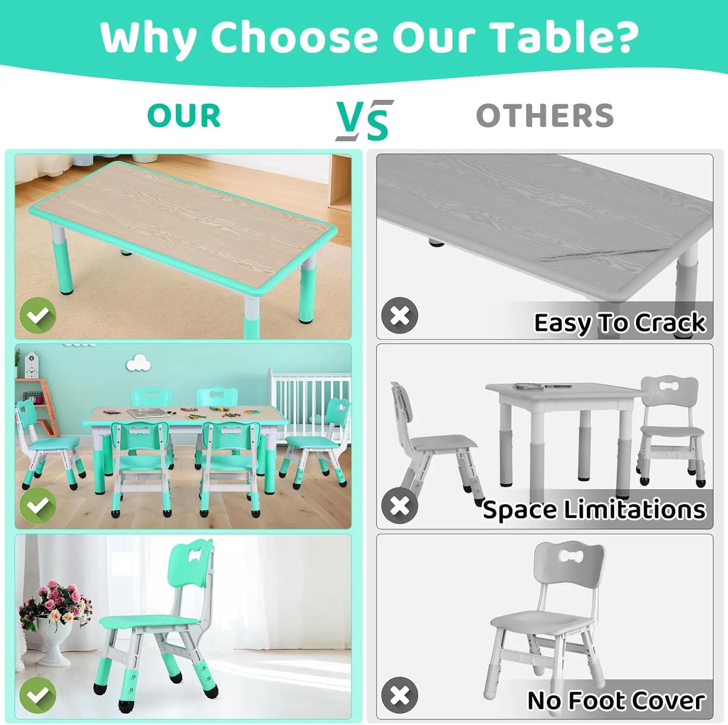 Conjunto de mesa graffiti ajustável infantil e 6 cadeiras, verde claro, para idades de 3 a 12 anos