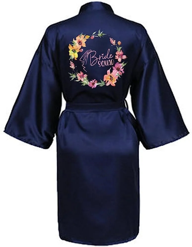 Women Silk Satin Short Night Printing Robe Kimono Robe Fashion Bath Robe Sexy Bathrobe Femme Wedding Bride Bridesmaid