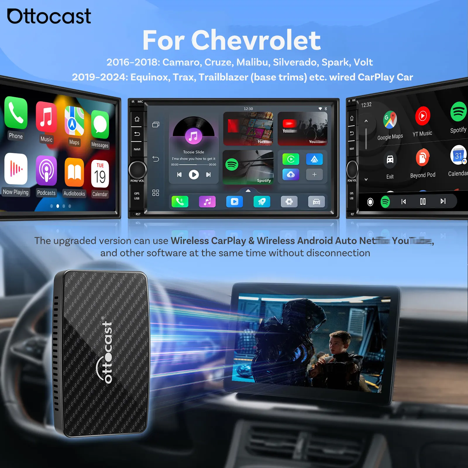 Ottocast Play2Video Pro Wireless CarPlay Android Auto Adapter for Chevrolet Camaro Cruze Malibu Spark Wired CarPlay Car Dongle