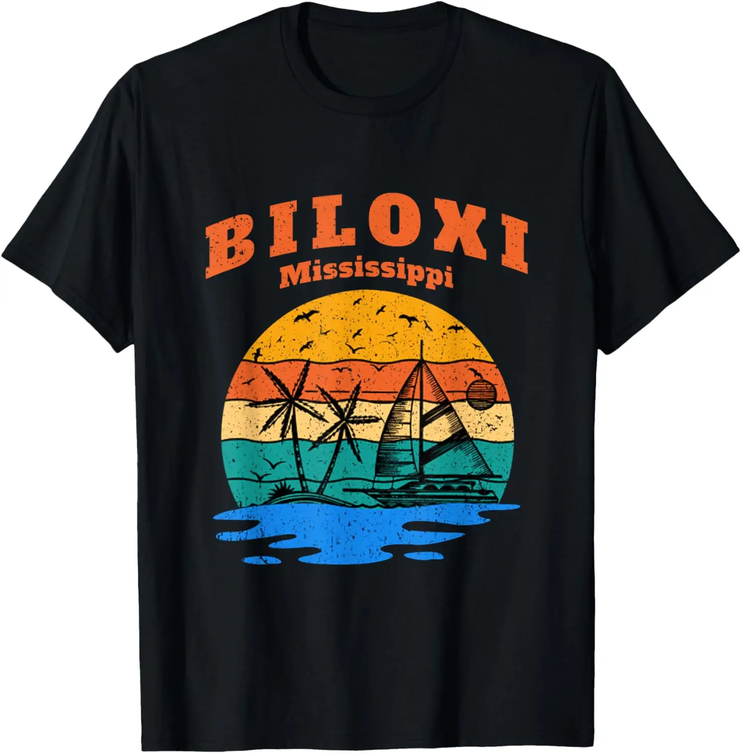 

Biloxi Beach Mississippi Vintage Retro 70s Sunset Sailboat T-Shirt