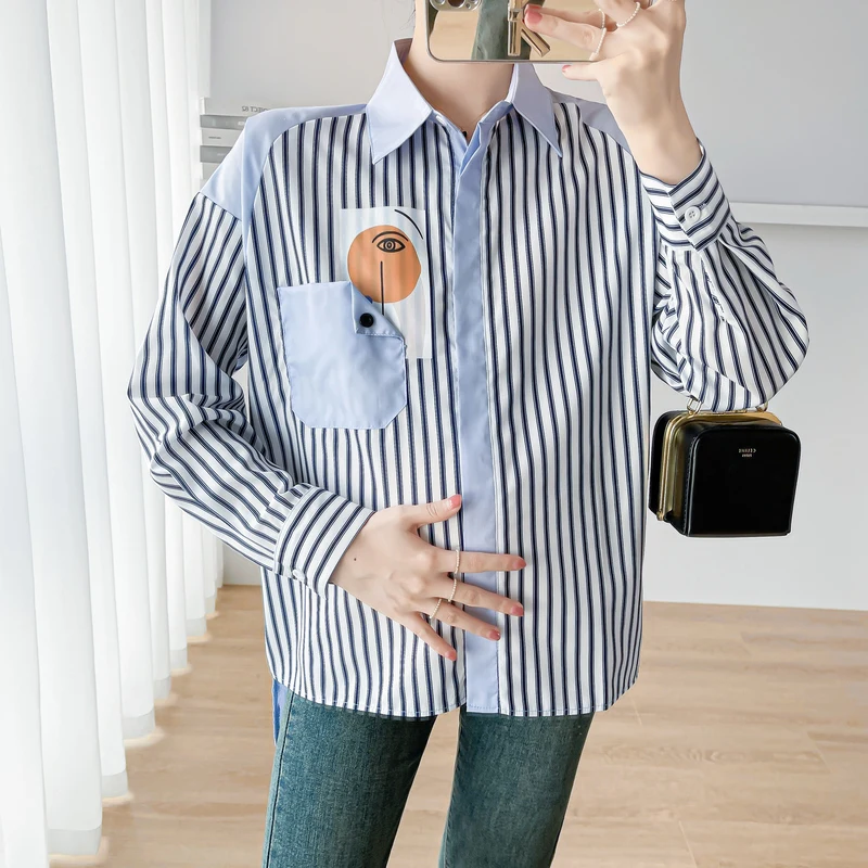 

Autumn Pregnant Women Top Plus Size Maternity Shirts Long Sleeve Turn-down Collar Block Color Striped High Low Irregular Blouses