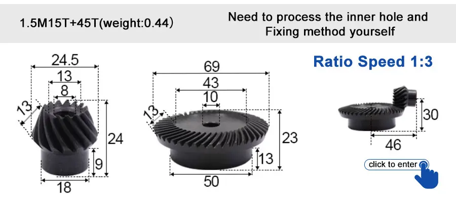 45 # Stahl-Spiralkegelradgetriebe, 2M, 15T bis 60T, Modul 1:4, 90 Grad Differentialgetriebe, gleicher Übersetzungsverhältnis, Durchmesser 8mm bis 12mm, Loch – Detail 38