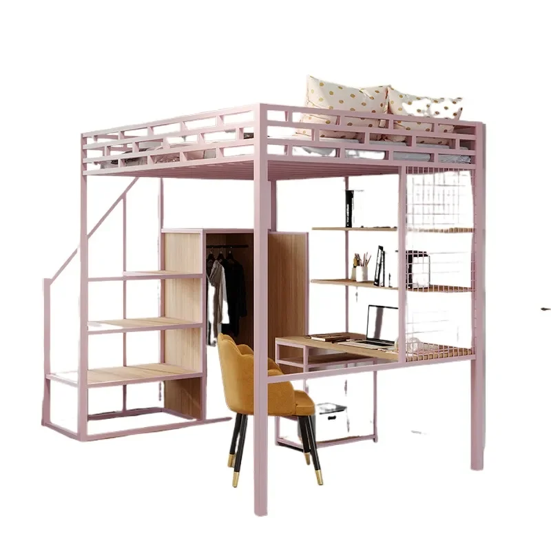 for Elevated Bed Sheet Upper Bunk Lower Desk Small Apartment Loft Bed Wrought Iron Frame Multifunctional Twin Over Full Metal